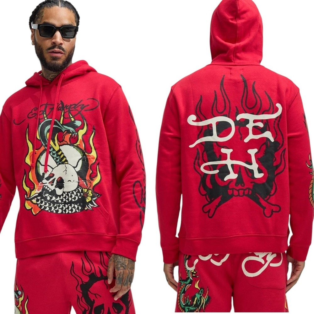 Ed Hardy Flame Cobra Hoodie Mens Large Cherry Red Skull Y2K Pullover NEW‎ w/ Tag